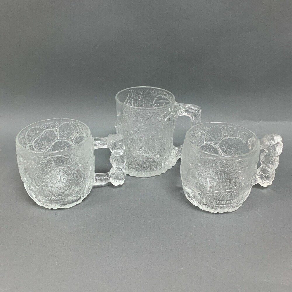 McDonalds Flintstones Clear Rocky Road Tree Mendous Mugs Cups Lot of 3